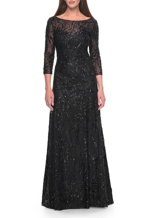Beautiful Beaded Long Dress with Illusion Sleeves