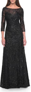 La Femme Beautiful Beaded Long Dress with Illusion Sleeves