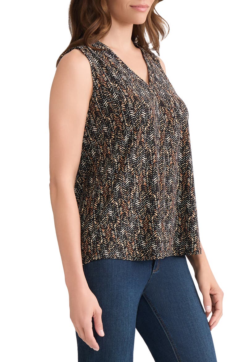 Geo Print Pleated V-Neck Shell, Alternate, color, JONES BLACK/ WHITE MULTI