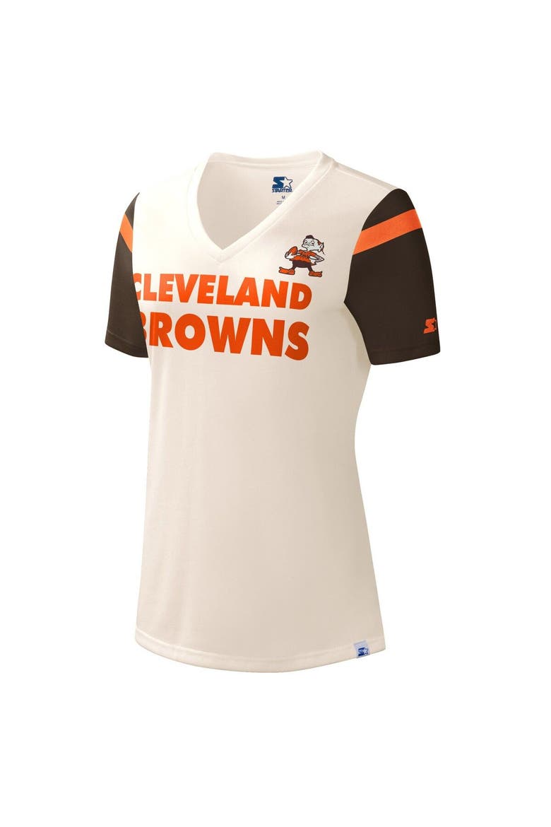 Women's Starter Cream Cleveland Browns Kick Start V-Neck T-Shirt, Alternate, color, Cream