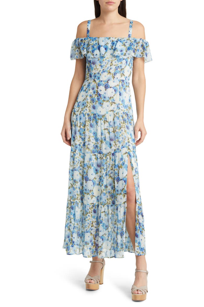Carmelia Floral Cold Shoulder Silk Maxi Dress, Main, color, FRENBLUMLT