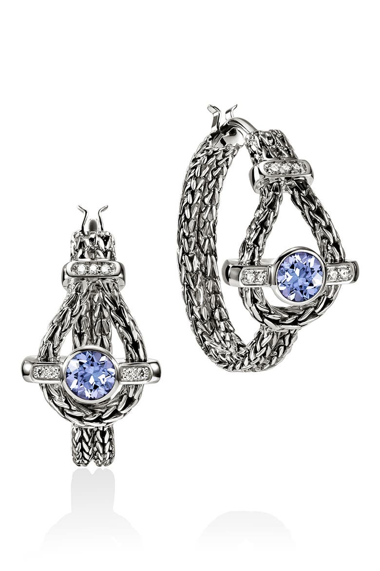 Icon Hoop Earrings, Sterling Silver, Tanzanite, Diamonds, 22mm, Main, color, SILVER