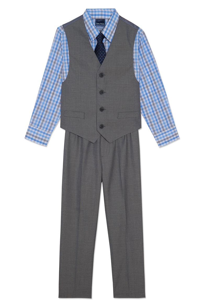 Kids' Sharkskin Vest, Shirt, Pants & Tie Set, Main, color, LIGHT GREY