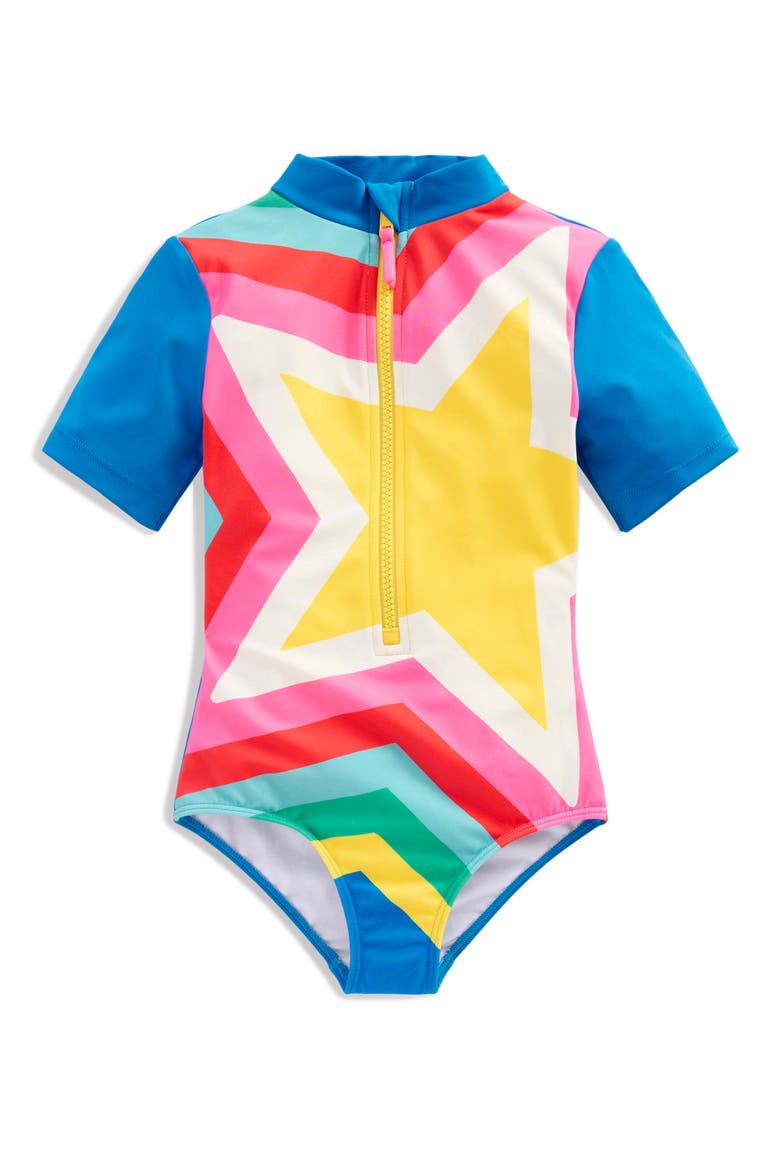 Kids' Short Sleeve One-Piece Rashguard Swimsuit, Main, color, BLUE MULTI STAR