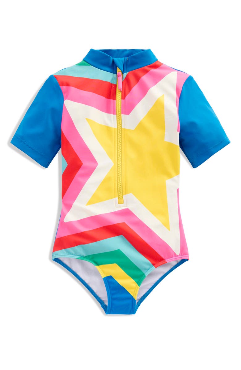 Mini Boden Kids' Short Sleeve One-Piece Rashguard Swimsuit, Main, color, Blue Multi Star