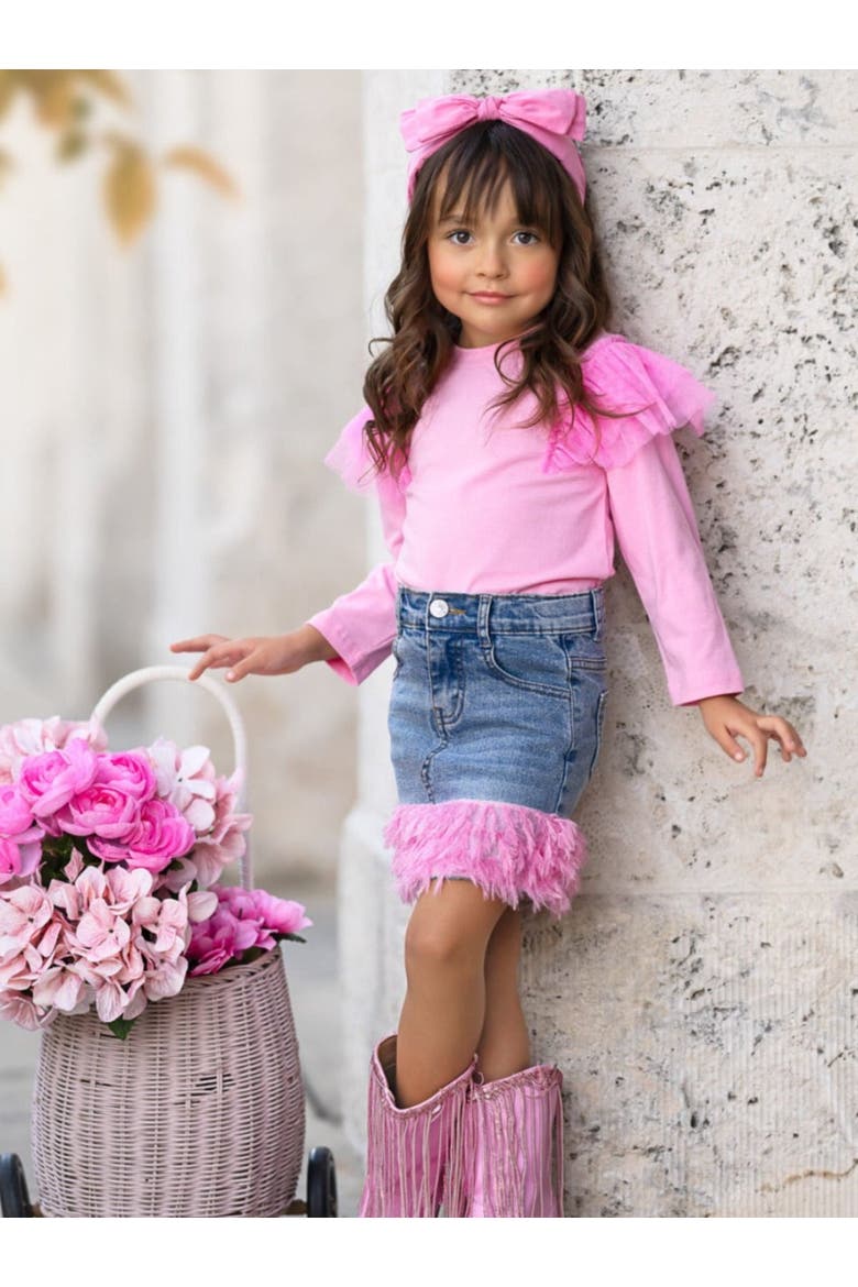 Girls Pink Ruffle Top and Feather Trim Denim Skirt Set, Alternate, color, Pink