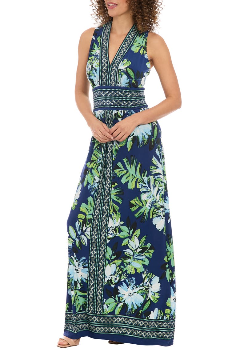 Floral V-Neck Sleeveless Maxi Dress, Alternate, color, NAVY/ JOLLY GREEN