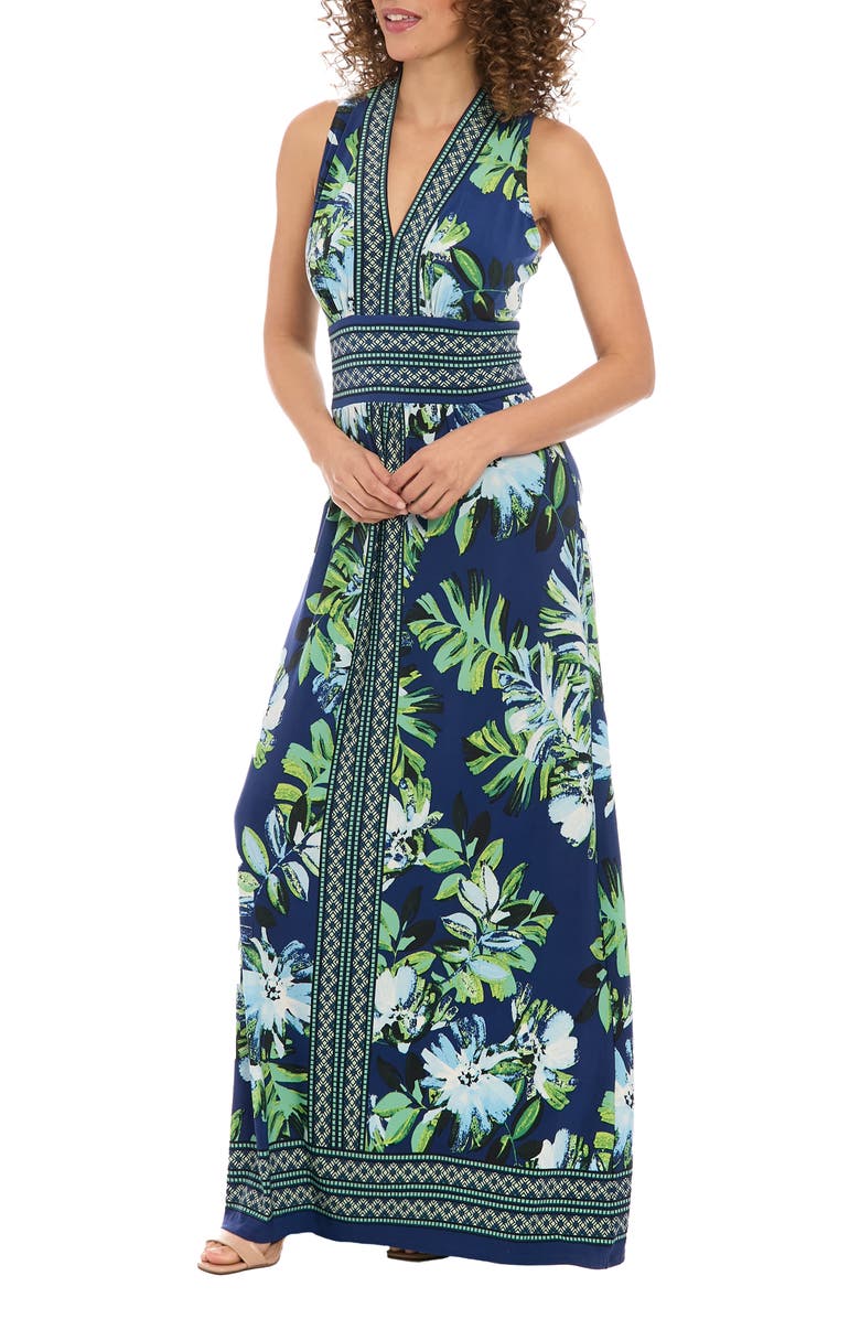 London Times Floral V-Neck Sleeveless Maxi Dress, Alternate, color, Navy/ Jolly Green