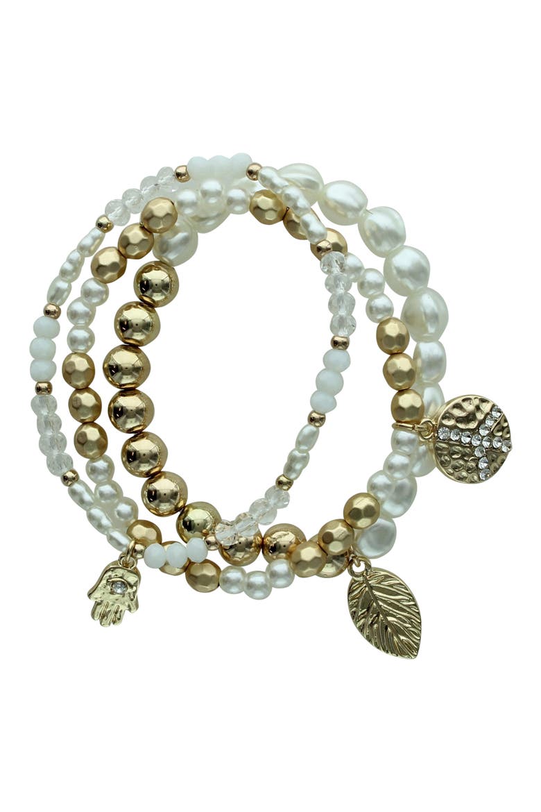 Zen Day Set of 3 Beaded Stretch Bracelets, Main, color, GOLD / WHITE