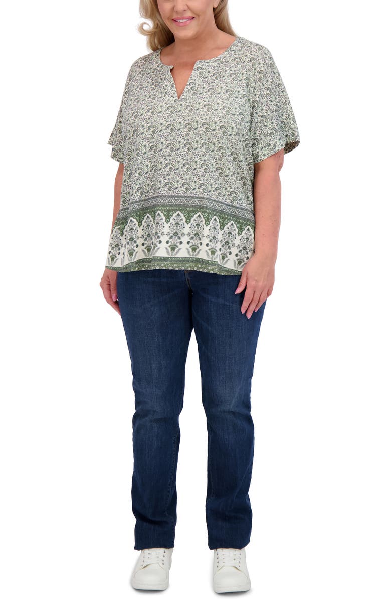 Lucky Brand Persian Carpet Print Short Sleeve Top, Alternate, color, Green Multi