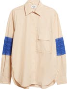 KÚR Oversize Stripe Organic Cotton Button-Up Shirt with Crochet Panels