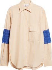 KÚR Oversize Stripe Organic Cotton Button-Up Shirt with Crochet Panels