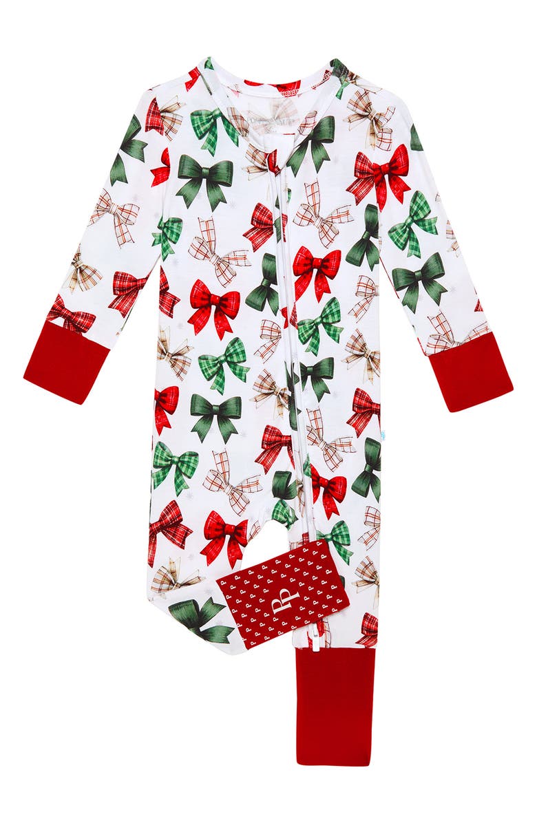 Posh Peanut Bow Print Fitted Convertible Footie Pajamas, Main, color, White