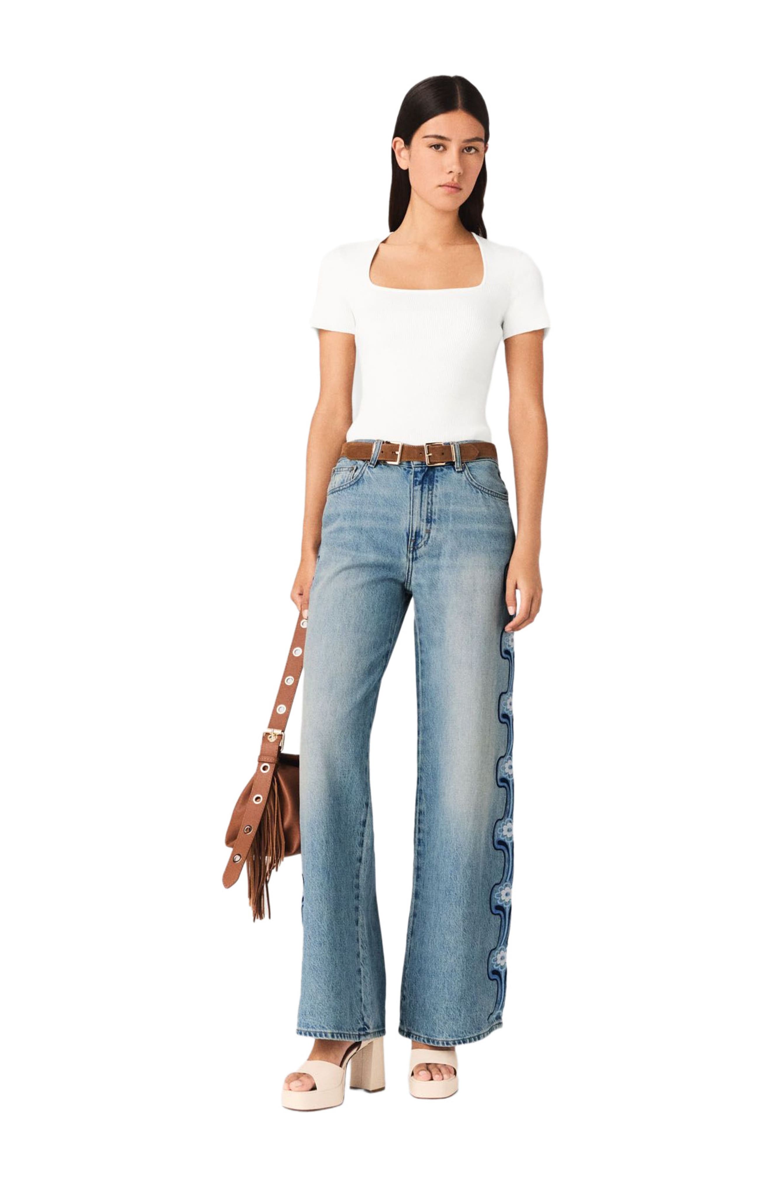 Floral embroidered wide-leg jeans