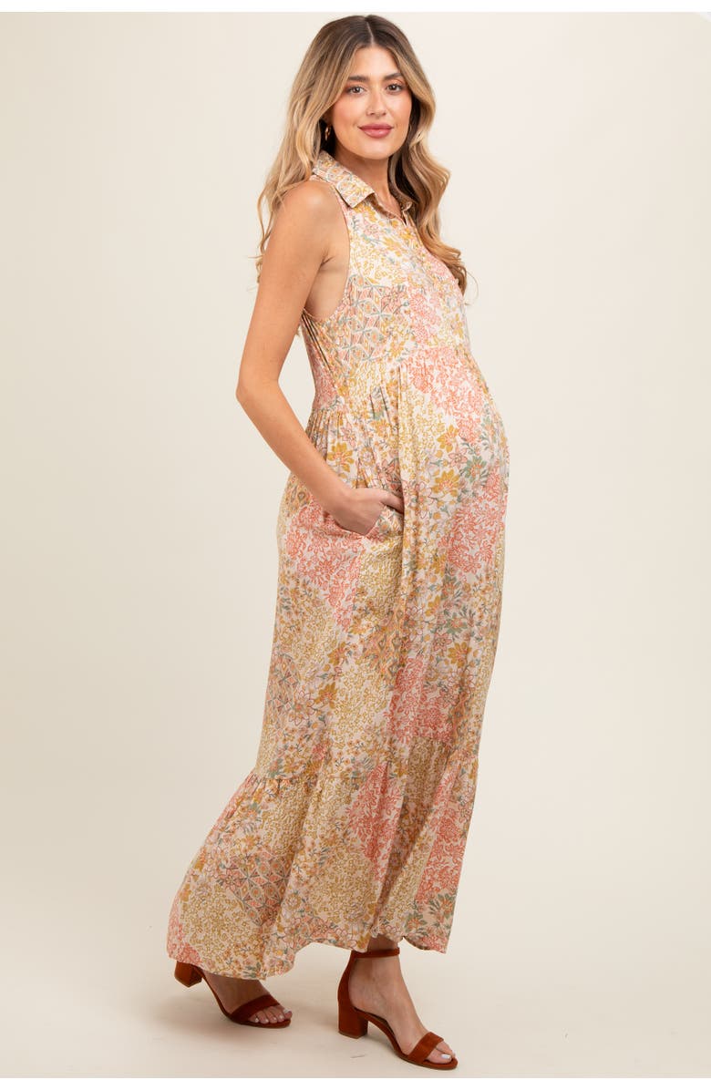 PinkBlush Floral Sleeveless Button Tiered Collared Maxi Dress, Alternate, color, Peach