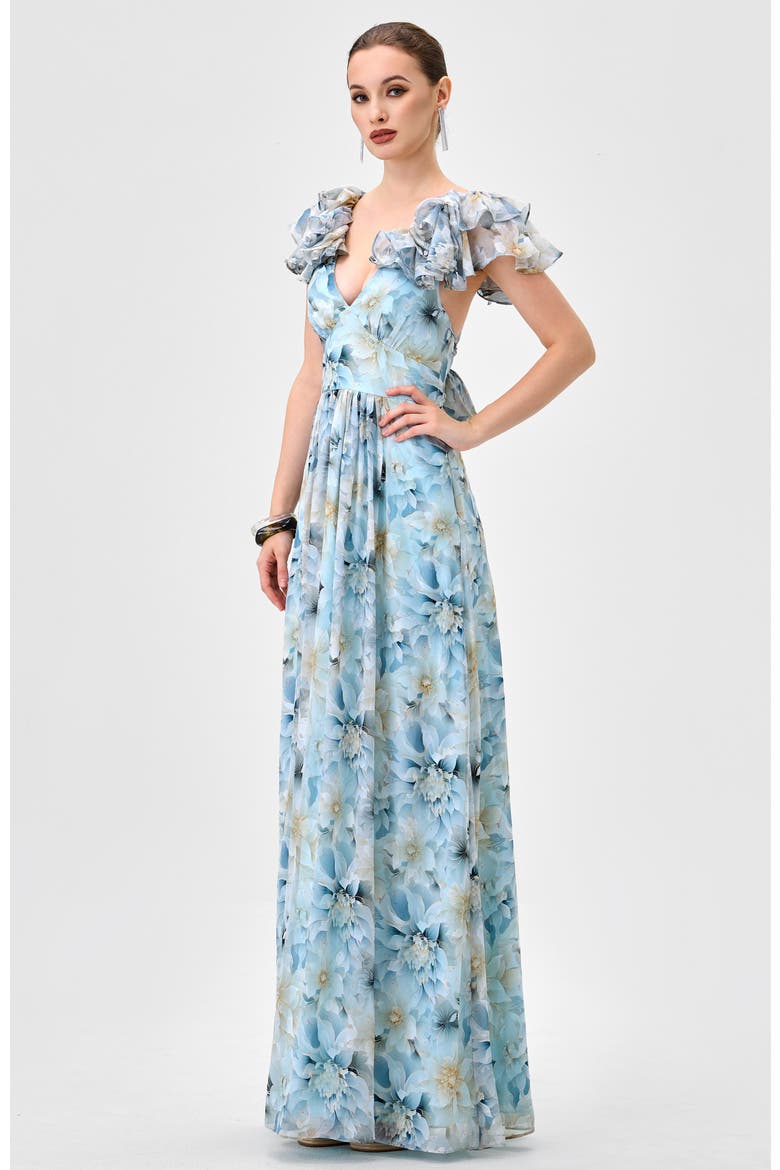 Markova Frill Shoulder Maxi, Alternate, color, BLUE/SILVER PRINT