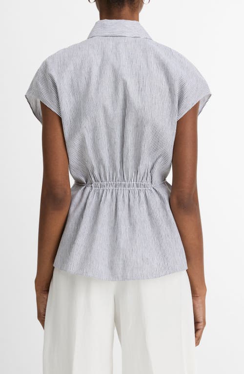 Shop Vince Ticking Stripe Cap Sleeve Linen & Cotton Button-up Shirt In Iris Slate/off White