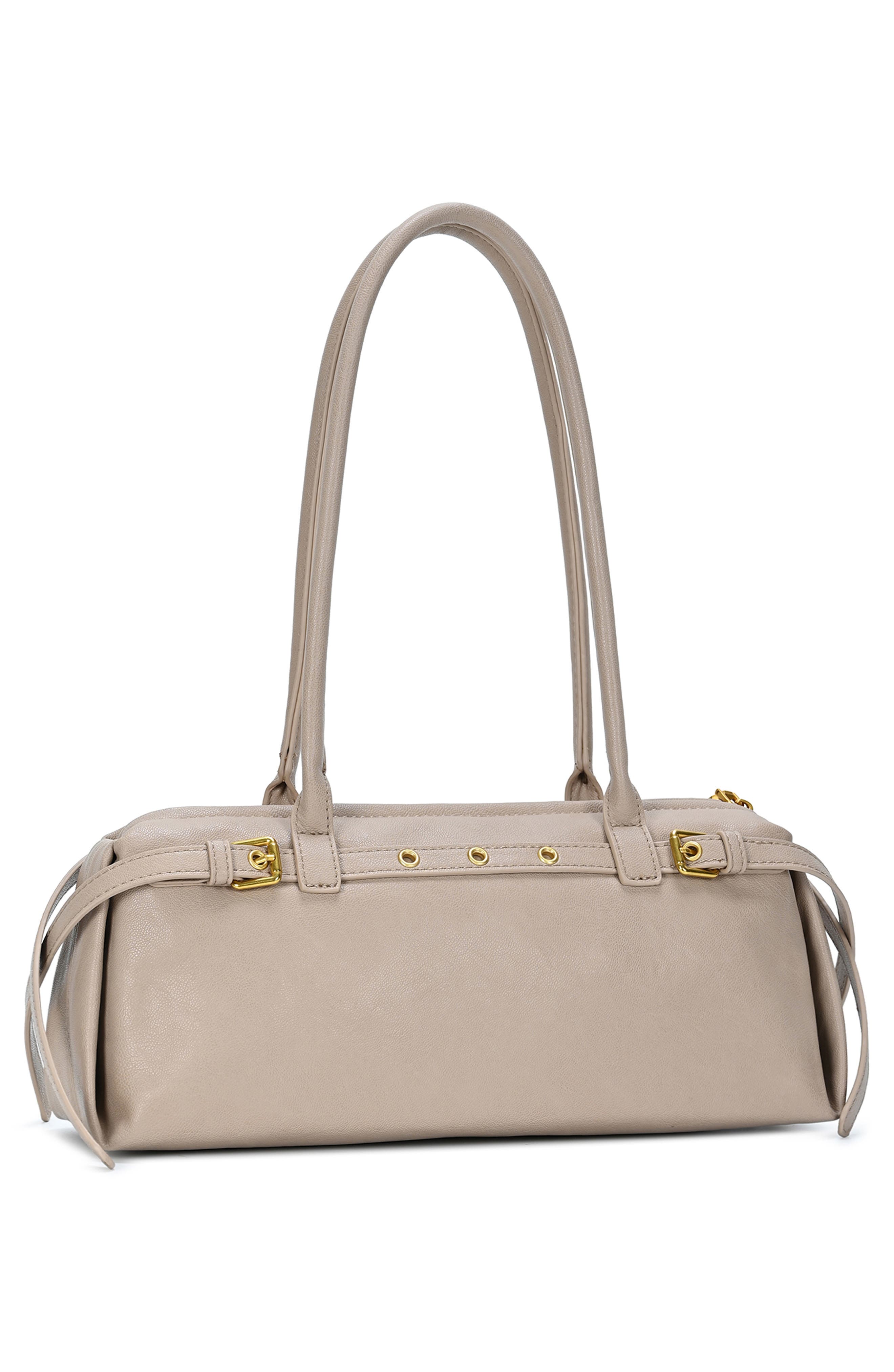 Belt Front Faux Leather Baguette Shoulder Bag, Alternate, color, BEIGE
