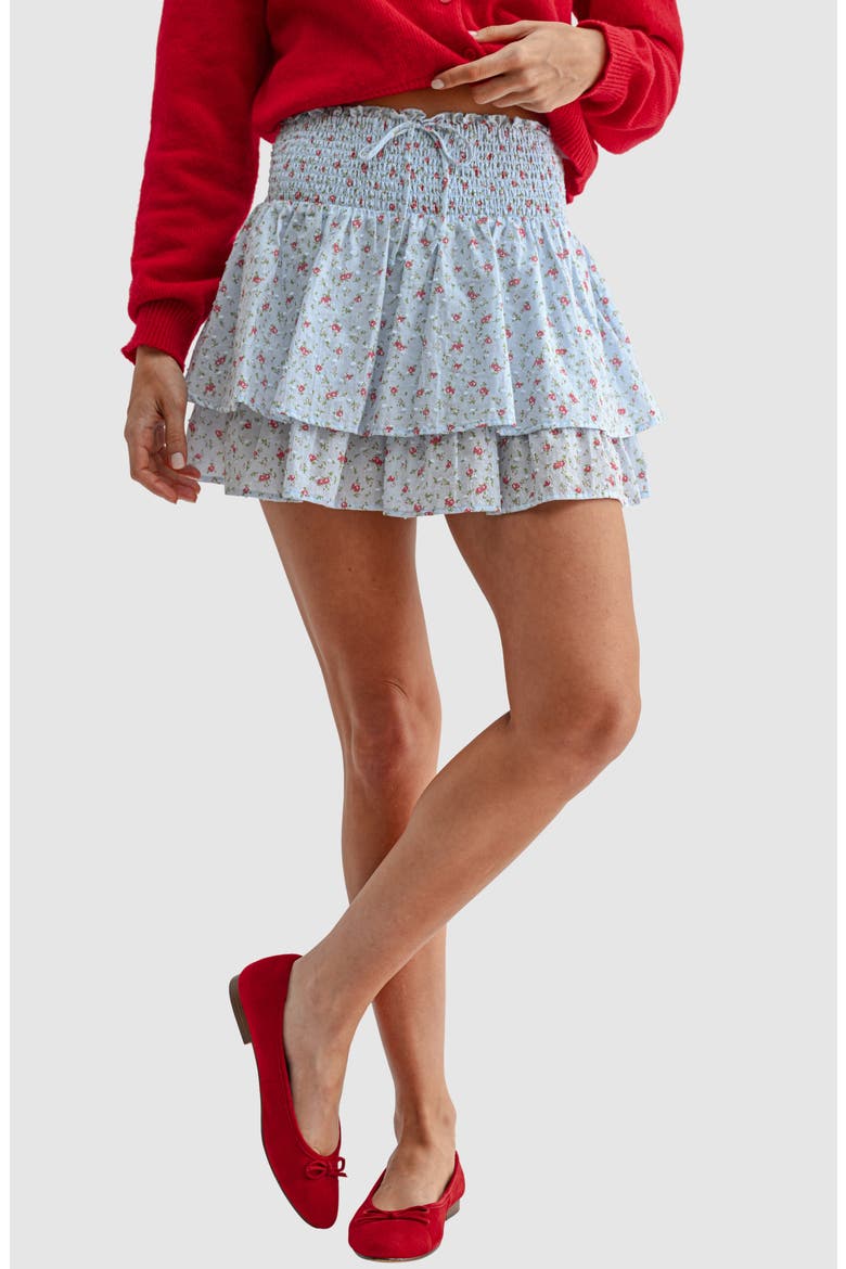 Floral Smocked Waist Ruffle Miniskirt, Main, color, PERIWINKLE DITSY