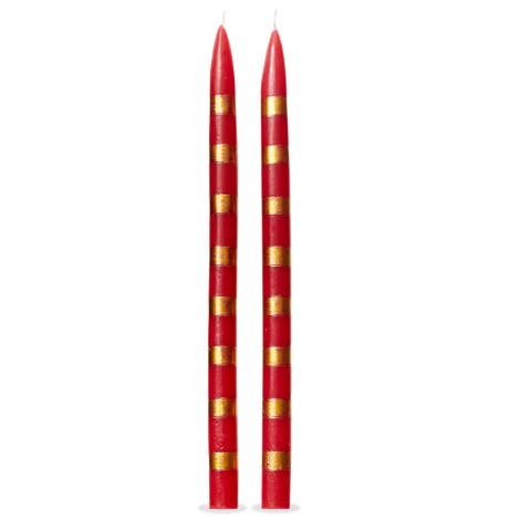 Red Gold Striped Taper Candles Set of 2 for Christmas