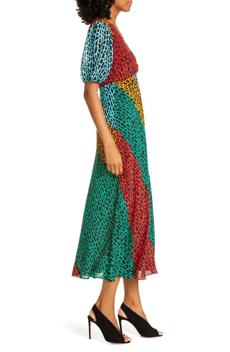 RIXO Amber Colorblock Giraffe Print Silk Blend Dress, Alternate, color, 