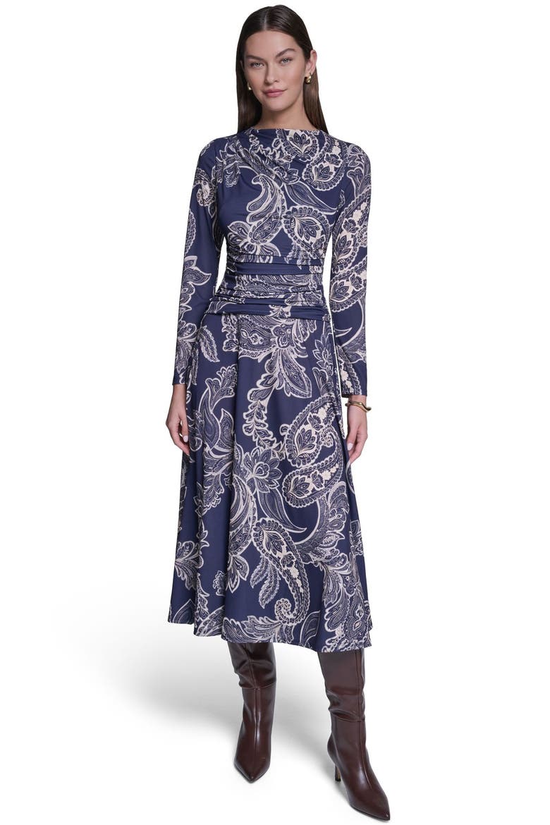 Long Sleeve Paisley Printed Jersey Midi Dress, Main, color, Navy Multi