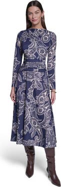 HALSTON Long Sleeve Paisley Printed Jersey Midi Dress