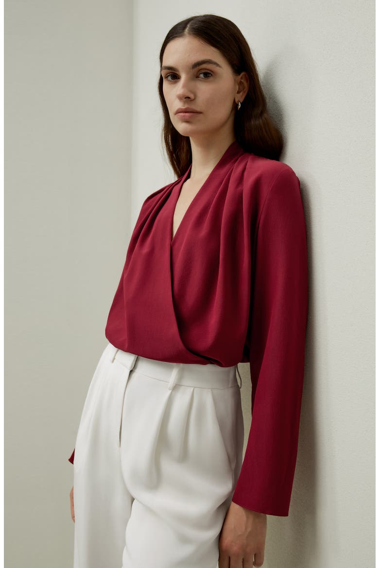 Women's Silk Crêpe de Chine Long Sleeve Blouse, Alternate, color, Cherry Red