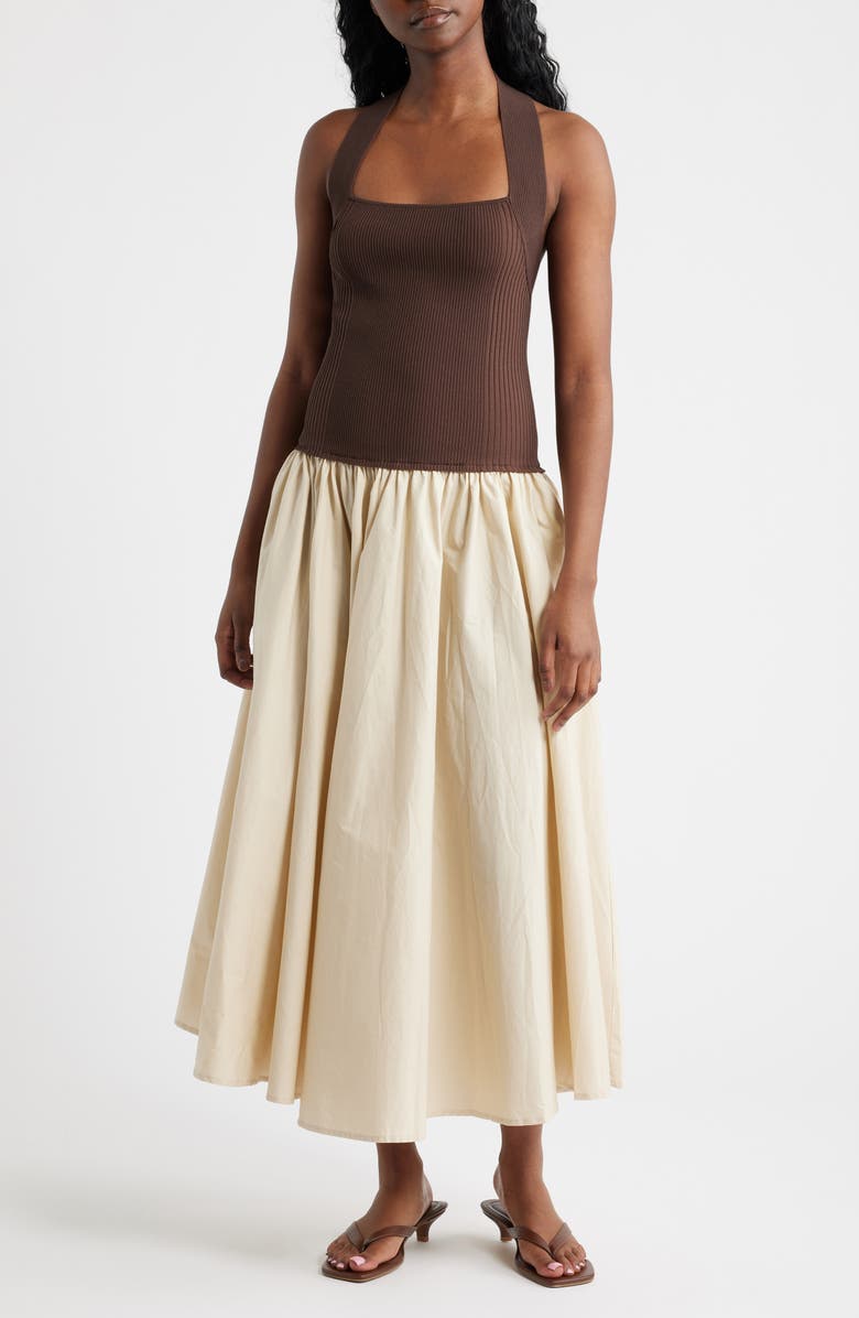 Lucy Paris Sevilla Mixed Media Halter Maxi Dress, Main, color, Brown Tan