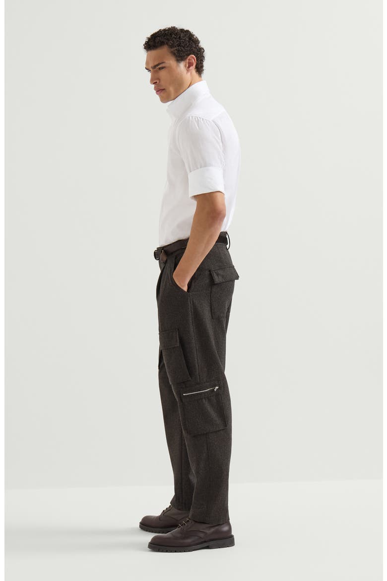 Virgin wool flannel trousers with cargo pockets and waist tabs, Alternate, color, Brown