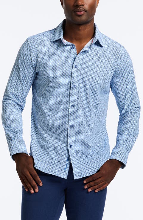 Wilshire Classic Fit Crosshatch Print Knit Button-Up Shirt