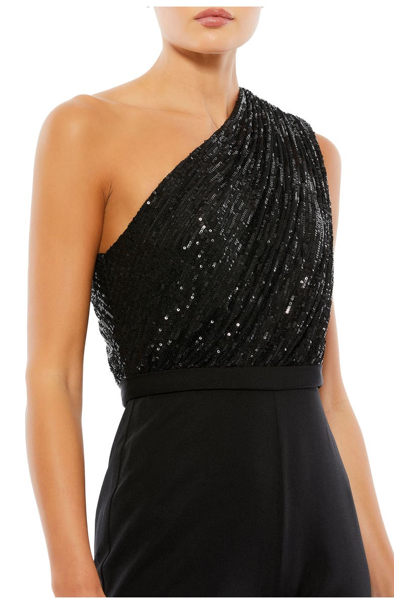 Mac Duggal Sequined One Shoulder Jumpsuit, Alternate, color, Black