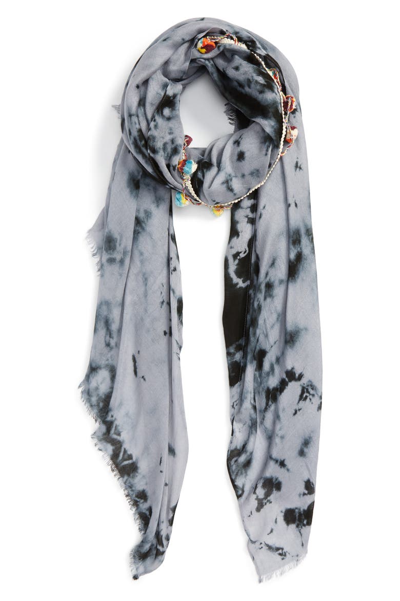 Pom Pom Trim Scarf, Main, color, IVORY BLACK