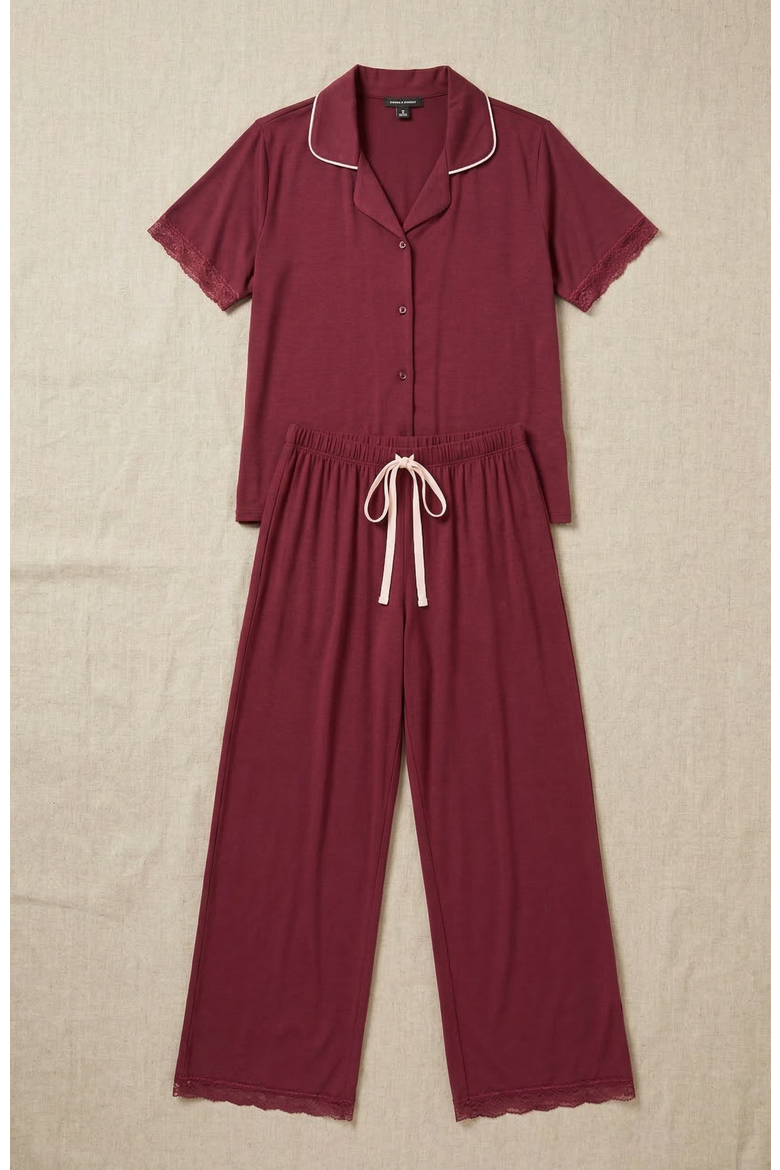 Yummy Jersey Notched Collar & Wide Leg Pants Set, Alternate, color, Ruby