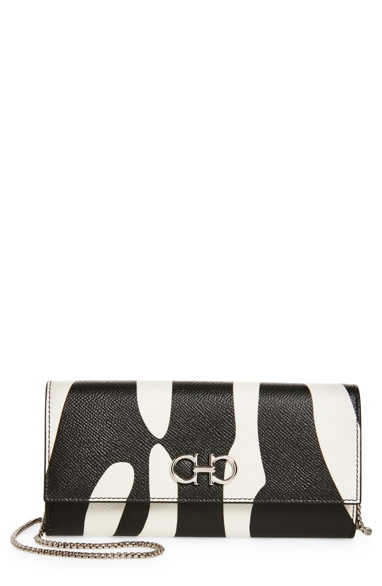 FERRAGAMO Double Gancio Stripe Leather Wallet on a Chain, Main, color, White Stampa Zebra Nero