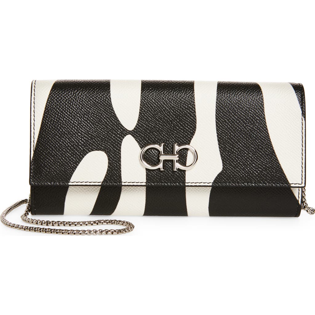 Ferragamo Double Gancio Stripe Leather Wallet On A Chain In Black