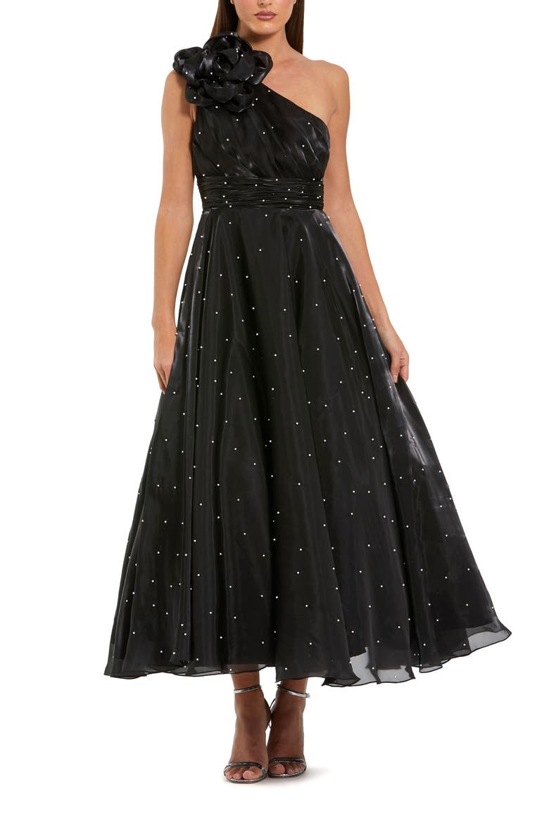 Pearl Beaded Organza One Shoulder Midi Dress, Main, color, Black Ivory