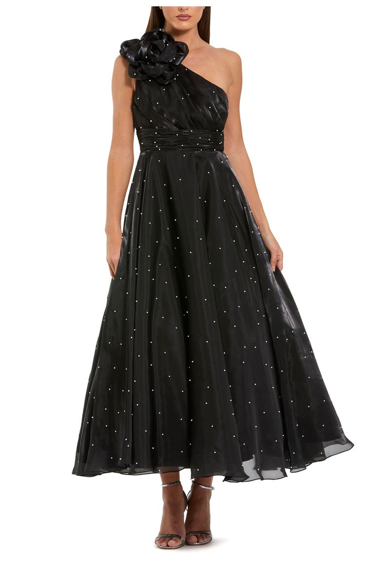 Mac Duggal Pearl Beaded Organza One Shoulder Midi Dress, Main, color, Black Ivory