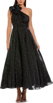 Mac Duggal Pearl Beaded Organza One Shoulder Midi Dress