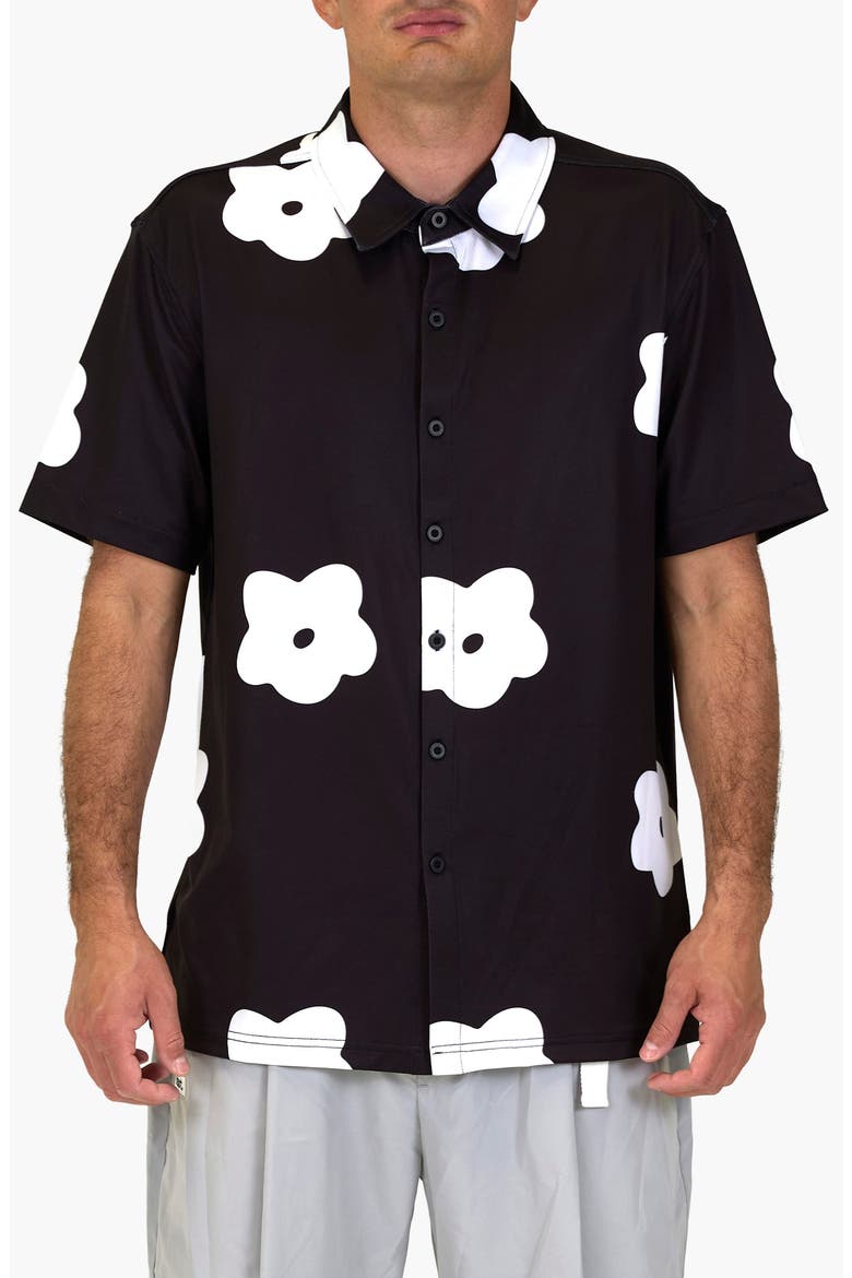 Flower Patch Aqua Terra Performance Short Sleeve Button-Up Shirt, Main, color, BLACK