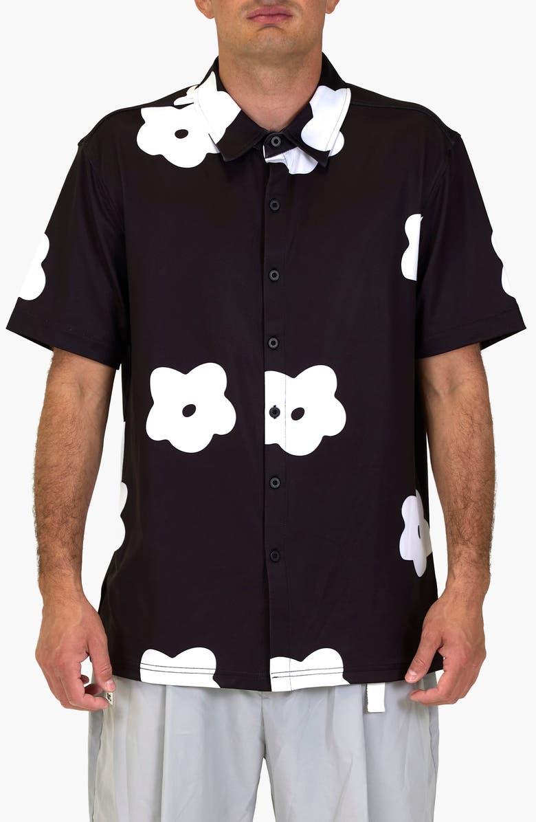 VAST Flower Patch Aqua Terra Performance Short Sleeve Button-Up Shirt, Main, color, Black