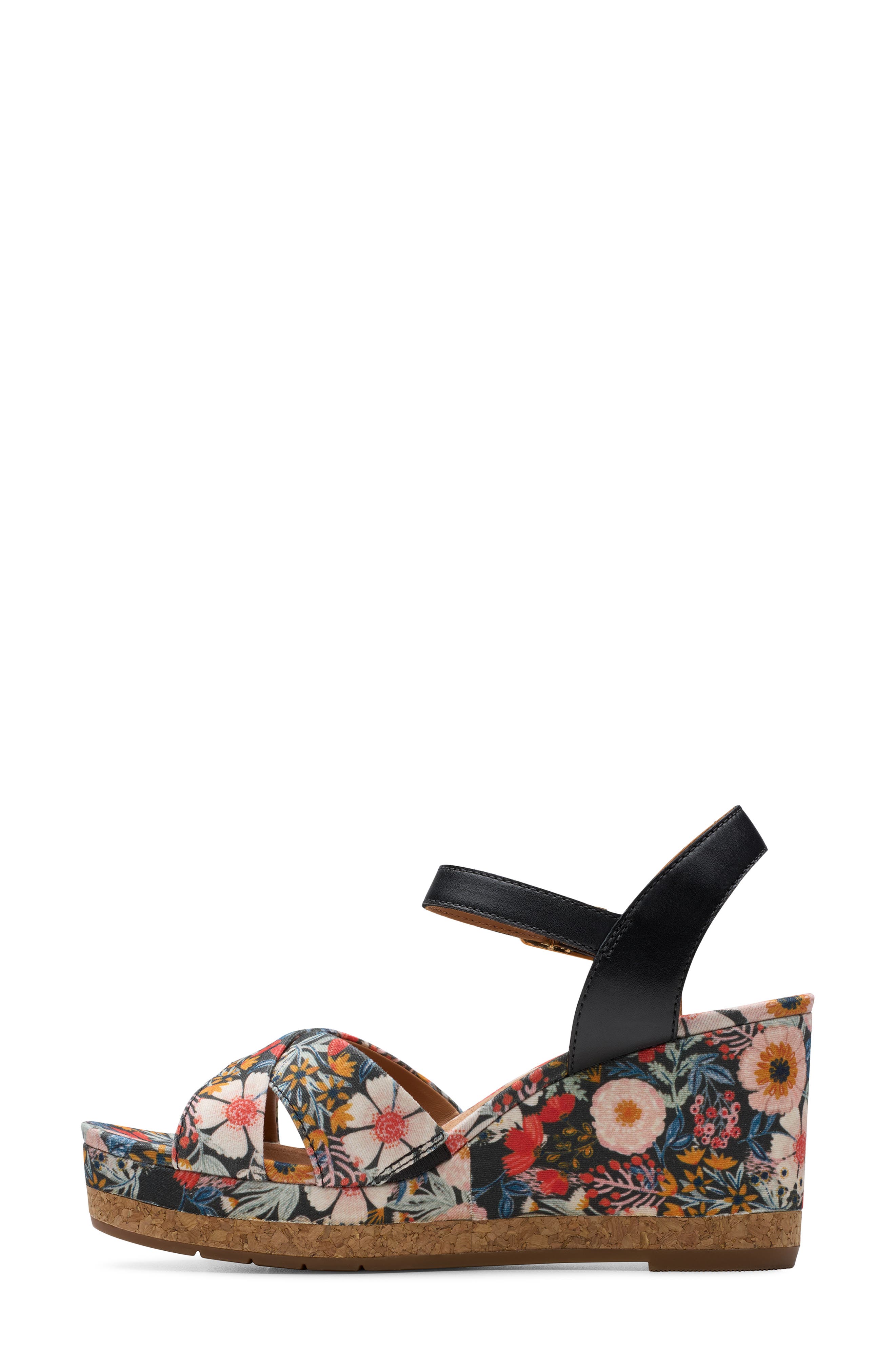 Clarks<sup>®</sup> Chicly Floral Wedge Sandal, Alternate, color, Black Print