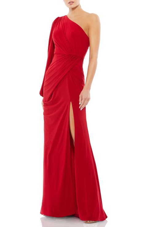 One-Shoulder Puff Sleeve Jersey Gown with Draped Waist and Thigh-High Slit