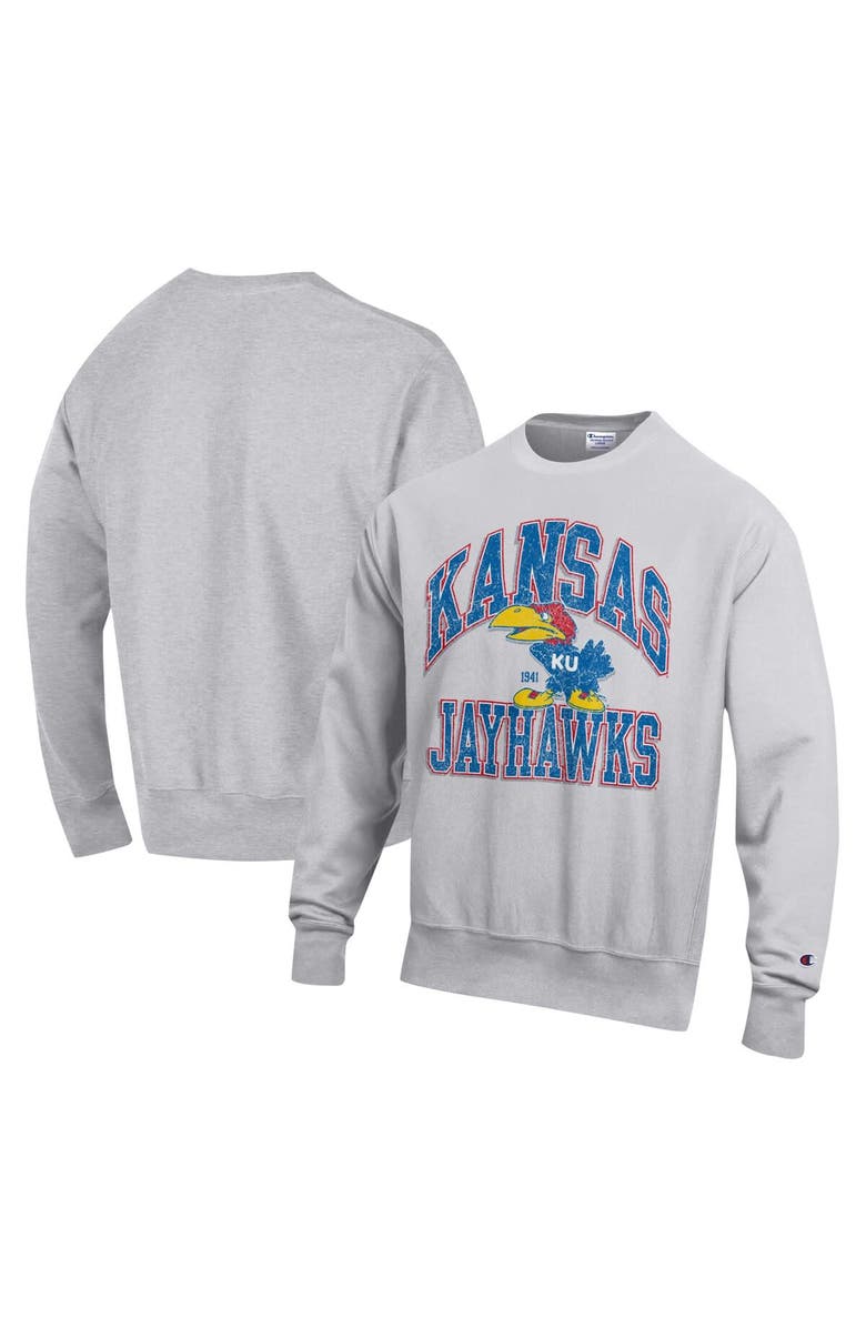 Champion Men's Champion Heather Gray Kansas Jayhawks Vault Late Night Reverse Weave Pullover Sweatshirt, Main, color, 