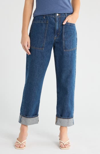 Re/Done The Bender High Waist Cuff Straight Leg Jeans in Rustic Indigo at Nordstrom Rack, Size 27