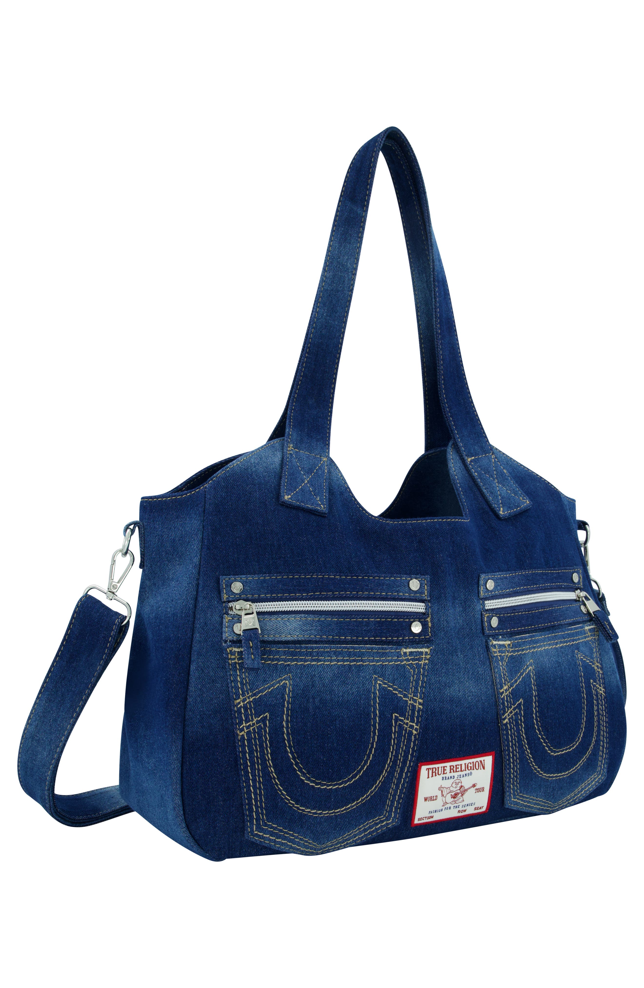True Religion Brand Jeans Horseshoe Stitched Denim Shoulder Bag, Alternate, color, Dark Denim