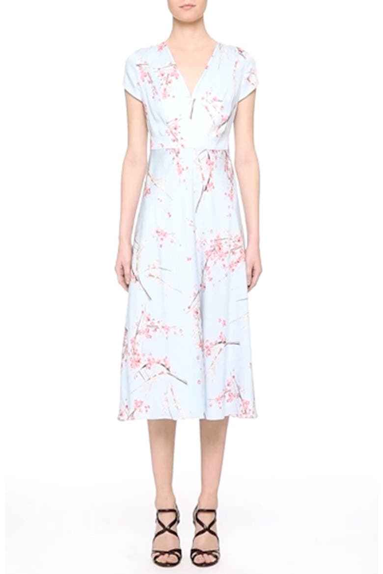Floral Print Silk Twill Midi Dress, Alternate, color, BLUE CHERRY BLOSSOM PRINT