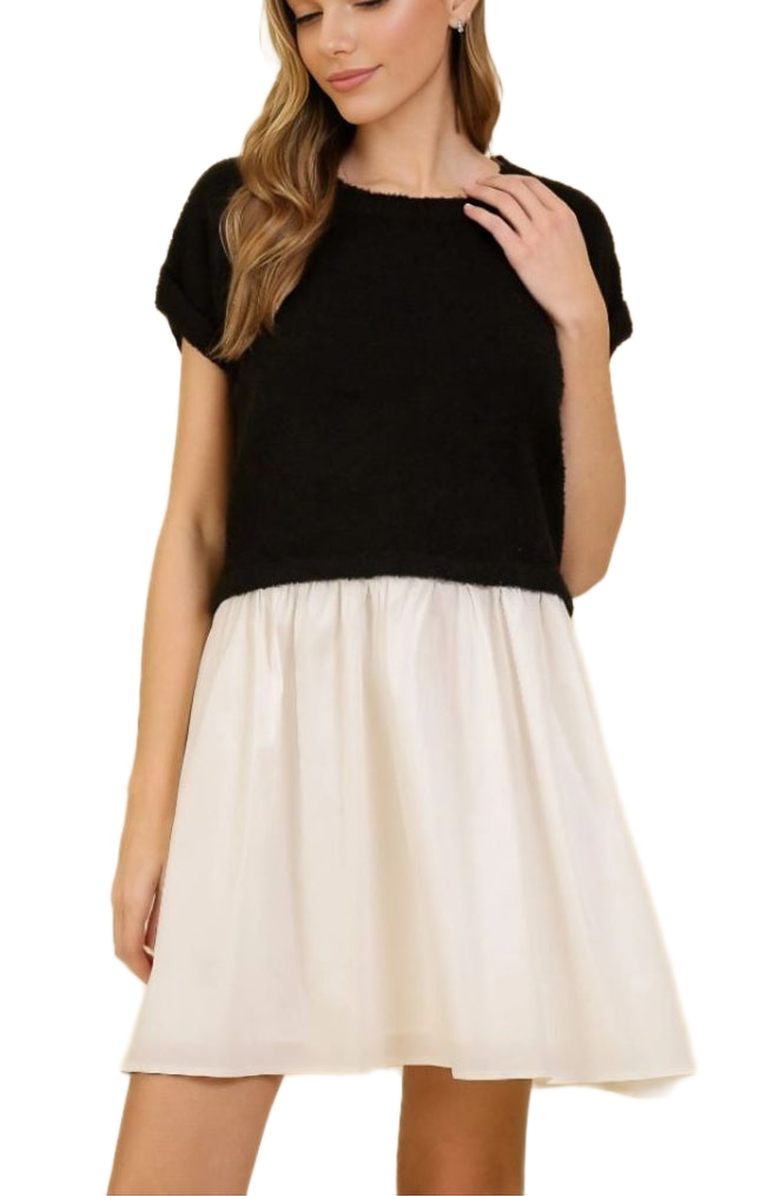 Knit and Lounge Chic Two-Tone Mini Gathered Dress, Main, color, Black/White
