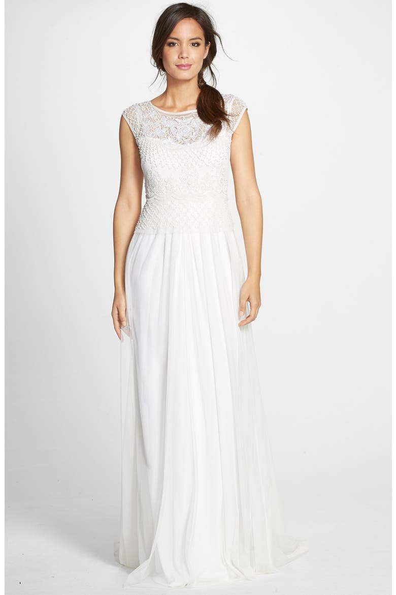 Beaded Cap Sleeve Gown, Main, color, IVORY