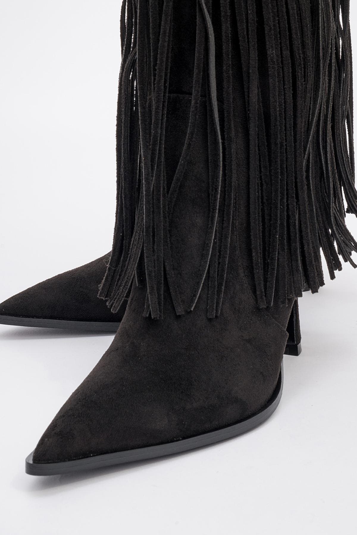 Prologue Shoes Gueras Fringe Pointed Toe Boot, Alternate, color, Black Suede Faux Leather